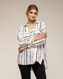 tantra mujer, Long sleeve shirt with broken stripe print and pockets.