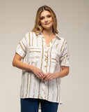 tantra mujer, Long sleeve shirt with broken stripe print and pockets.