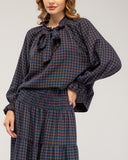 Checked blouse with tie, elastic collar and cuffs