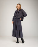Checked blouse with tie, elastic collar and cuffs