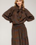 Checked blouse with tie, elastic collar and cuffs