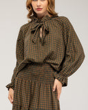 Checked blouse with tie, elastic collar and cuffs