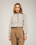 Striped blouse with ruffled collar and lapel detail, ruffled elastic cuffs