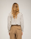 Striped blouse with ruffled collar and lapel detail, ruffled elastic cuffs