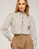 Striped blouse with ruffled collar and lapel detail, ruffled elastic cuffs