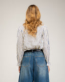 Striped blouse with ruffled collar and lapel detail, ruffled elastic cuffs