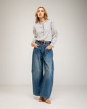 Striped blouse with ruffled collar and lapel detail, ruffled elastic cuffs