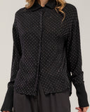 Shirt with knit collar and cuffs and rhinestone detail
