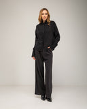 Shirt with knit collar and cuffs and rhinestone detail