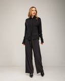 Shirt with knit collar and cuffs and rhinestone detail