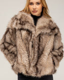 Short faux fur coat in multiple shades, with lapels and side pockets