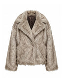 Short faux fur coat in multiple shades, with lapels and side pockets