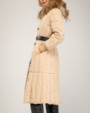 Long padded coat with zip fastening and faux fur hood
