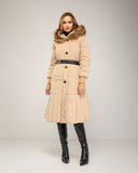 Long padded coat with zip fastening and faux fur hood