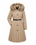 Long padded coat with zip fastening and faux fur hood