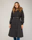 Long padded coat with zip fastening and faux fur hood