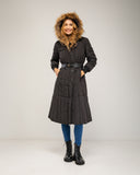 Long padded coat with zip fastening and faux fur hood