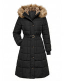 Long padded coat with zip fastening and faux fur hood