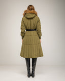 Long padded coat with zip fastening and faux fur hood