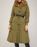 Long padded coat with zip fastening and faux fur hood