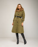 Long padded coat with zip fastening and faux fur hood