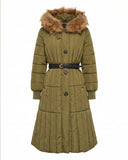 Long padded coat with zip fastening and faux fur hood