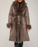 Long faux fur coat with fur trim and short fur lining, side pockets and belt
