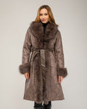 Long faux fur coat with fur trim and short fur lining, side pockets and belt