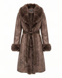 Long faux fur coat with fur trim and short fur lining, side pockets and belt