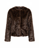 Short reversible jacket in short faux fur with faux suede lining, snap button closure, stand-up collar and pockets