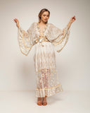 vestido largo block print con encaje y bordados y mangas. (ECRU) - Tantra Spain