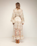 vestido largo block print con encaje y bordados y mangas. (ECRU) - Tantra Spain