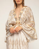 vestido largo block print con encaje y bordados y mangas. (ECRU) - Tantra Spain