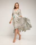 Vestido Maxi con lurex, y bordados, largo irregular, escote pico y manga al codo - Tantra Spain