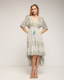 Vestido Maxi con lurex, y bordados, largo irregular, escote pico y manga al codo - Tantra Spain