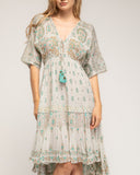 Vestido Maxi con lurex, y bordados, largo irregular, escote pico y manga al codo - Tantra Spain