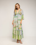 Vestido maxi con bordados étnicos y fluor, lentejuelas y espejos, ajustable a la cintura, manga francesa, tye dye y cuello pico - Tantra Spain