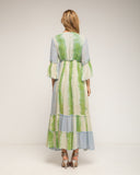 Vestido maxi con bordados étnicos y fluor, lentejuelas y espejos, ajustable a la cintura, manga francesa, tye dye y cuello pico - Tantra Spain