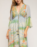 Vestido maxi con bordados étnicos y fluor, lentejuelas y espejos, ajustable a la cintura, manga francesa, tye dye y cuello pico - Tantra Spain
