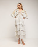 Vestido maxi con bordados de crochet y detalles de espejos, Volantes, manga francesa y ajustable a la cintura - Tantra Spain