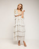 Vestido maxi con bordados de crochet y detalles de espejos, Volantes, manga francesa y ajustable a la cintura - Tantra Spain