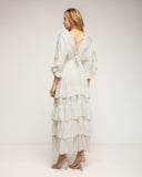 Vestido maxi con bordados de crochet y detalles de espejos, Volantes, manga francesa y ajustable a la cintura - Tantra Spain