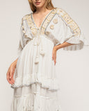 Vestido maxi con bordados de crochet y detalles de espejos, Volantes, manga francesa y ajustable a la cintura - Tantra Spain