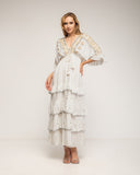 Vestido maxi con bordados de crochet y detalles de espejos, Volantes, manga francesa y ajustable a la cintura - Tantra Spain