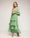 Vestido maxi con bordados de crochet y detalles de espejos, Volantes, manga francesa y ajustable a la cintura - Tantra Spain