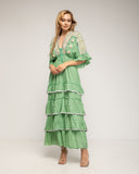Vestido maxi con bordados de crochet y detalles de espejos, Volantes, manga francesa y ajustable a la cintura - Tantra Spain