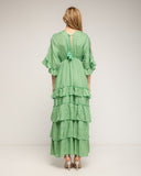 Vestido maxi con bordados de crochet y detalles de espejos, Volantes, manga francesa y ajustable a la cintura - Tantra Spain