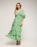 Vestido maxi con bordados de crochet y detalles de espejos, Volantes, manga francesa y ajustable a la cintura - Tantra Spain