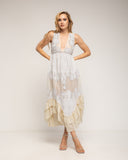 Vestido maxi sin mangas de batista y con bordados, largo irregular y ajustable a la cintura - Tantra Spain