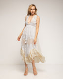 Vestido maxi sin mangas de batista y con bordados, largo irregular y ajustable a la cintura - Tantra Spain